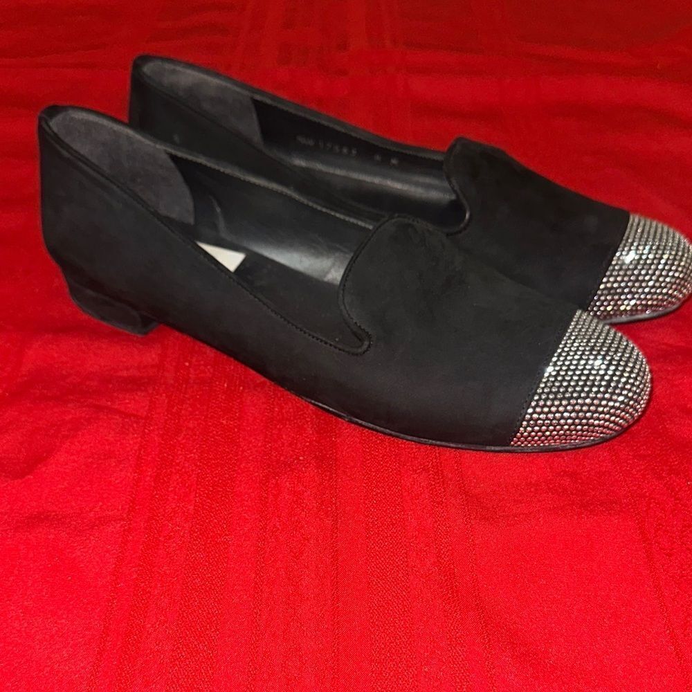 Stuart Weitzman Elegant Black Loafers with Silver Accents Size 8